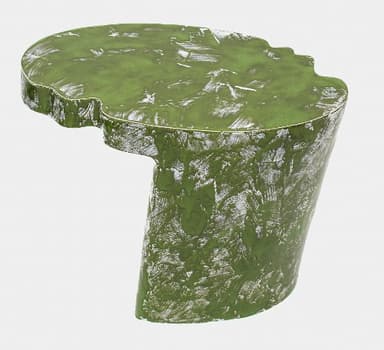 A small, sculptural accent table featuring an irregular, organic-shaped tabletop and an integrated, curved base. The entire piece is finished in a distressed moss green color with white brushstroke accents, giving it a textured, earthy appearance. Its unique form suggests it is intended as a decorative and functional element in a modern or artistic interior. — 3D model