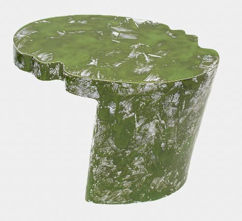 A small, sculptural accent table featuring an irregular, organic-shaped tabletop and an integrated, curved base. The entire piece is finished in a distressed moss green color with white brushstroke accents, giving it a textured, earthy appearance. Its unique form suggests it is intended as a decorative and functional element in a modern or artistic interior. — 3D model