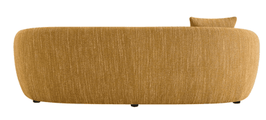 A modern sofa with a rounded silhouette. It features a textured, woven upholstery in a warm, golden-yellow hue. The sofa includes two decorative pillows: one square and one spherical, both matching the sofa's upholstery. The design emphasizes soft lines and a comfortable aesthetic. — 3D model