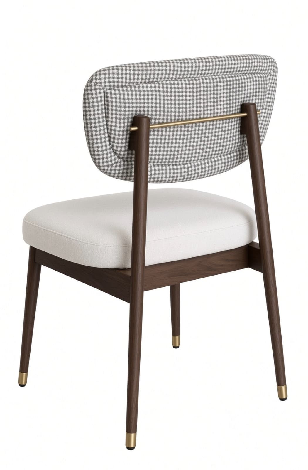 An armless modern dining chair featuring a dark wood frame, an upholstered seat, and an upholstered backrest. The seat is covered in a solid light-colored fabric, while the backrest features a distinctive grey and white houndstooth pattern. The slender, tapered legs are made of dark wood and are capped with brass ferrules. A horizontal brass bar connects the two uprights supporting the backrest, adding a refined detail. — 3D model