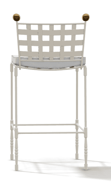 A white bar stool featuring a backrest constructed from wide interwoven straps, a cushioned seat, and decorative brass finials on the back posts. The frame is slender and includes an integrated footrest. — 3D model