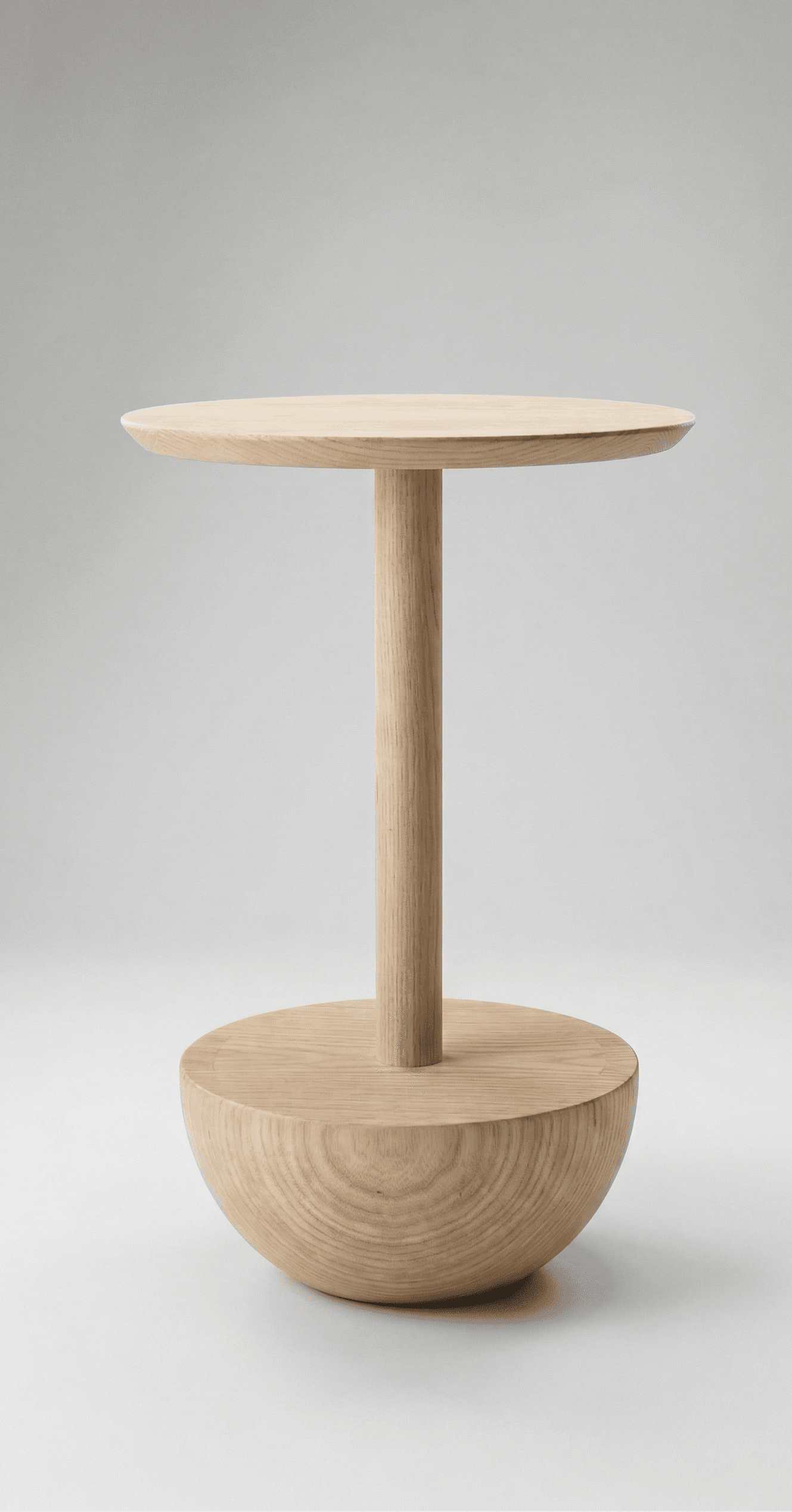 A minimalist side table constructed from light-colored wood. It features a circular, slightly beveled tabletop supported by a single cylindrical pedestal. The base is a substantial, hemispherical wooden form with visible wood grain. — 3D model