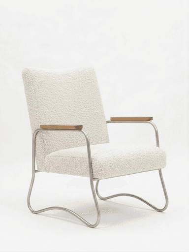 A contemporary armchair featuring an off-white bouclé upholstery on the seat and backrest, supported by a bent tubular metal frame. The armrests have wooden caps. The frame forms a continuous, sled-like base. — 3D model