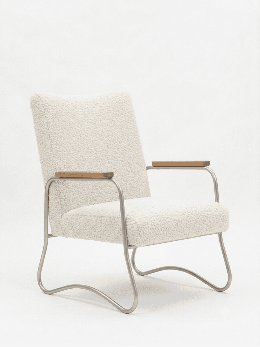 A contemporary armchair featuring an off-white bouclé upholstery on the seat and backrest, supported by a bent tubular metal frame. The armrests have wooden caps. The frame forms a continuous, sled-like base. — 3D model