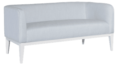 A two-seater sofa with a rounded back and armrests. The sofa has a light blue textured fabric upholstery and a white wooden frame with four tapered legs. — 3D model