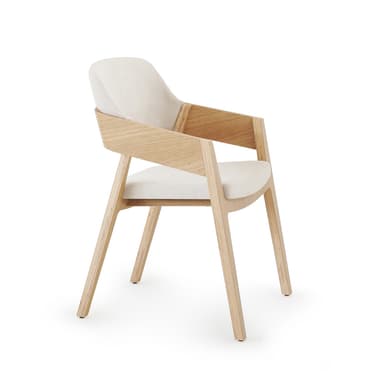 A contemporary wood-framed armchair with an upholstered seat and backrest, featuring clean lines and integrated arms. — 3D model
