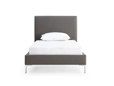 A modern single bed featuring a tall, rectangular headboard and frame upholstered in a dark grey material. The headboard is distinguished by a diamond-quilted pattern, while the bed frame is smooth. The bed is supported by short, sleek, polished metal legs. — 3D model
