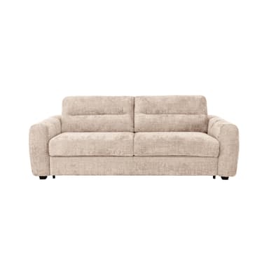 A modern three-seater sofa upholstered in a textured beige fabric, featuring integrated low armrests and a streamlined, minimalist design. The back and seat cushions appear to be fixed, contributing to its clean silhouette. — 3D model