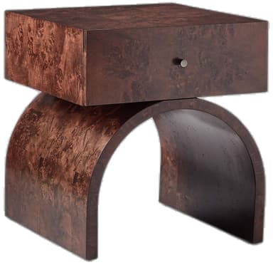 A compact, rectangular nightstand or accent table featuring a distinctive dark brown burl wood veneer. It has a single, floating drawer compartment on top with a small, cylindrical metal pull. The base consists of two large, arched or C-shaped supports, also finished in burl wood, creating an open, sculptural element beneath the drawer. — 3D model