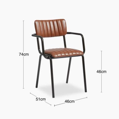 A modern armchair with a low back and armrests. The seat and backrest are upholstered with brown material featuring vertical channel tufting. The frame and legs are constructed from black metal, forming a minimalist silhouette. — 3D model