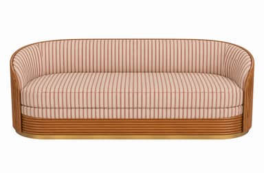A stylish, curved two-seater loveseat featuring a distinctive reeded wood exterior frame and striped upholstered cushions. The back and arms form a continuous, gently curving line, encasing the seating area. The loveseat rests on a subtly recessed, polished brass-tone base. — 3D model