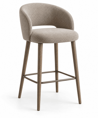 A contemporary counter stool featuring a light beige upholstered seat and backrest, supported by four tapered wooden legs with an integrated metal footrest. — 3D model