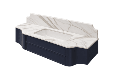 A wall-mounted bathroom vanity featuring a single integrated sink, a white marble countertop with a scalloped backsplash, and a deep navy blue cabinet with curved sides and two recessed panel drawers. — 3D model