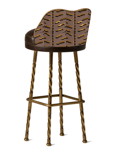 A high-backed bar stool featuring a rich brown leather upholstered seat and a curved backrest covered in a patterned fabric with gold geometric motifs. The seat is circular, and the backrest is trimmed with a braided cord detail. The stool stands on four intricately twisted, brass-toned metal legs, connected by a square footrest for stability and comfort. The overall design suggests a blend of industrial and eclectic aesthetics. — 3D model