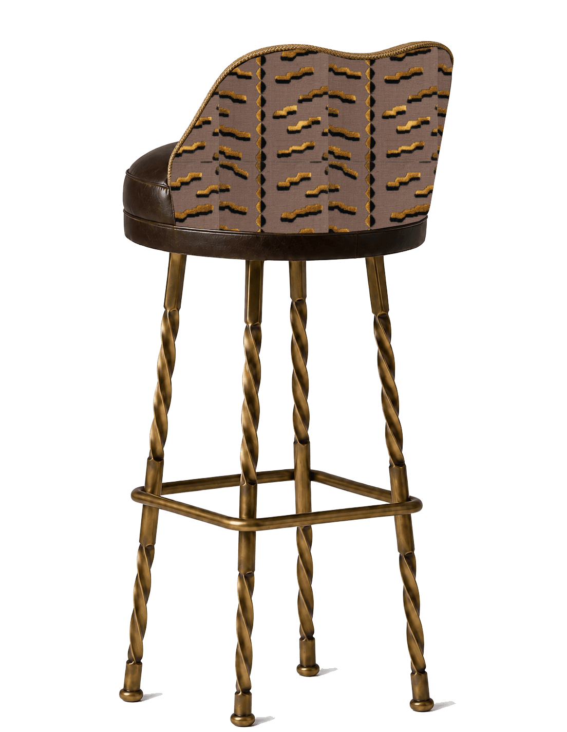 A high-backed bar stool featuring a rich brown leather upholstered seat and a curved backrest covered in a patterned fabric with gold geometric motifs. The seat is circular, and the backrest is trimmed with a braided cord detail. The stool stands on four intricately twisted, brass-toned metal legs, connected by a square footrest for stability and comfort. The overall design suggests a blend of industrial and eclectic aesthetics. — 3D model