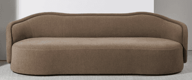 A curvaceous, two-seater sofa with a low profile and rounded armrests. The backrest features subtle vertical channel tufting, and the overall form is organic and flowing. It is upholstered in a textured fabric. — 3D model