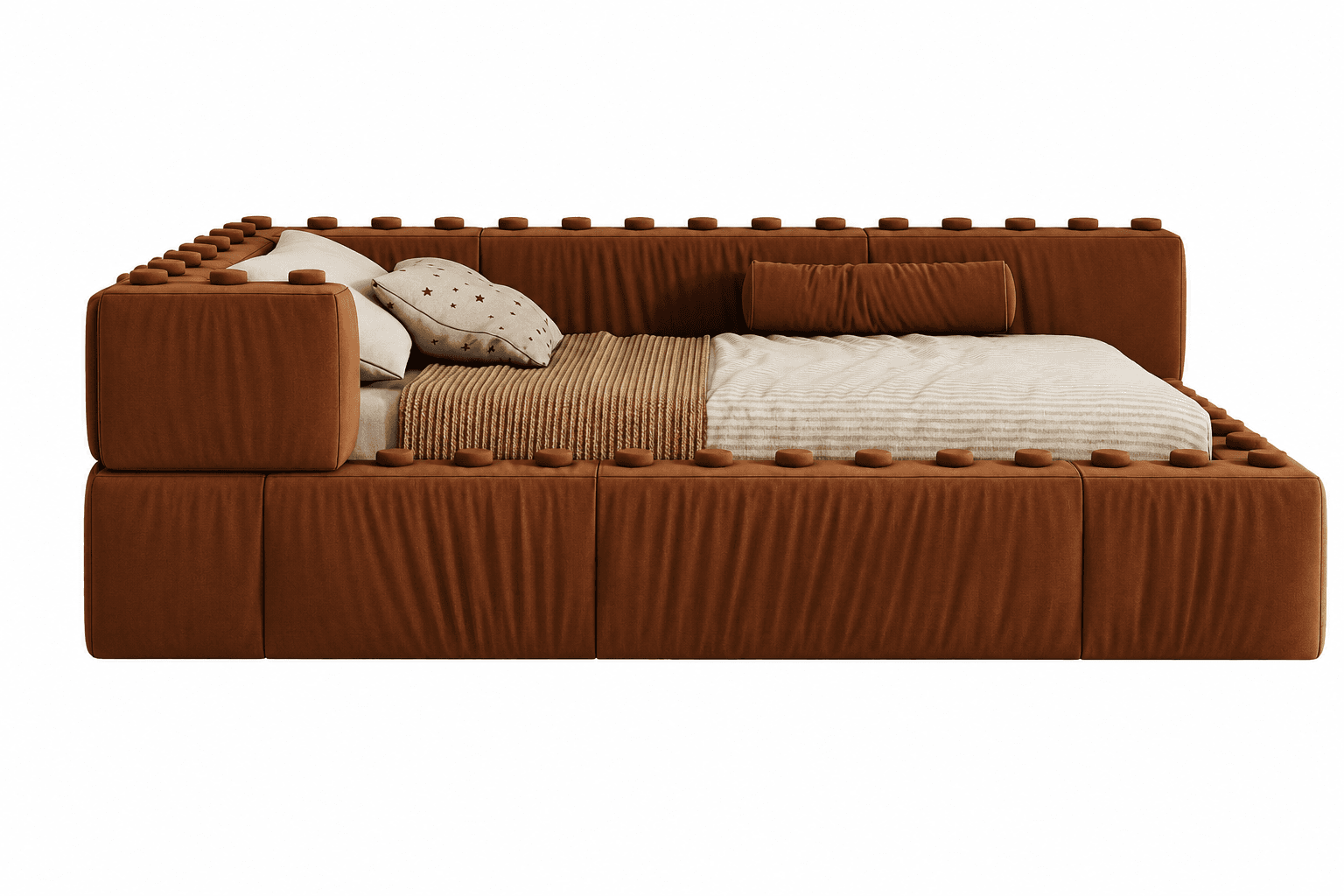 A modern upholstered daybed rendered in a rich brown fabric, featuring a distinctive design with prominent circular protrusions along the top edges of its base and backrest, reminiscent of building blocks. It is accessorized with a mattress, striped duvet, a knitted throw blanket, and several pillows, including a bolster cushion and a decorative pillow with a star pattern. The daybed presents a robust, modular appearance. — 3D model