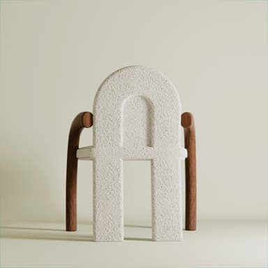 A highly sculptural and conceptual accent chair featuring a distinctive letter 'A' silhouette for its back and seat. The main body is upholstered in a tactile, off-white bouclé fabric, with a central arched cut-out in the backrest. Complementing the textured fabric are two dramatically curved dark brown wooden elements that function as armrests and part of the support structure. — 3D model