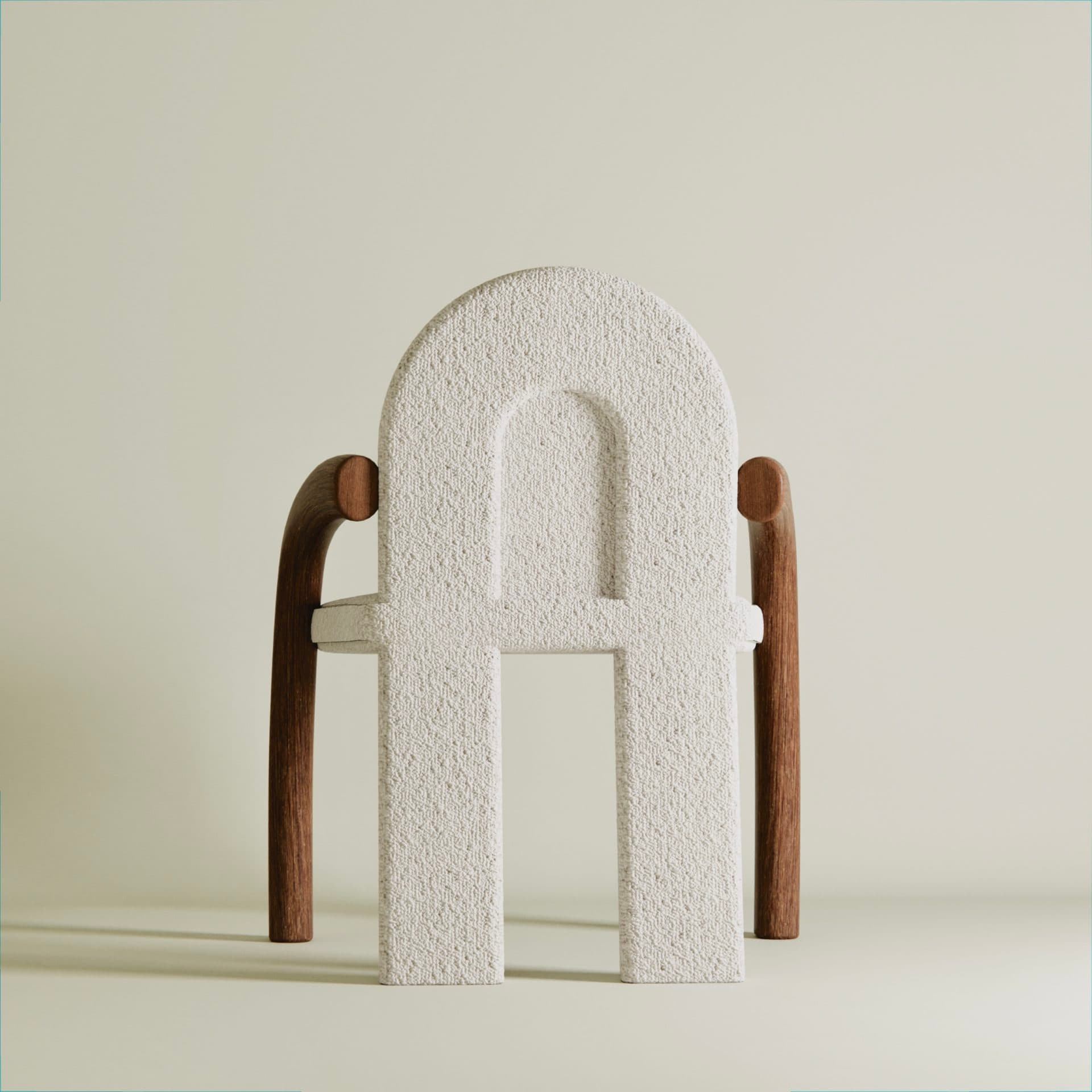 A highly sculptural and conceptual accent chair featuring a distinctive letter 'A' silhouette for its back and seat. The main body is upholstered in a tactile, off-white bouclé fabric, with a central arched cut-out in the backrest. Complementing the textured fabric are two dramatically curved dark brown wooden elements that function as armrests and part of the support structure. — 3D model
