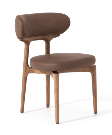 A contemporary chair with a wooden frame and upholstered seat and backrest. The frame has a natural wood finish with visible grain. The seat and backrest are upholstered in brown leather, featuring a smooth texture and rounded edges. — 3D model