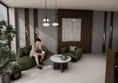 A modern, organically shaped sofa with rounded edges and a low profile. It is upholstered in a textured green fabric and features a single integrated armrest/backrest that curves around to form a partial enclosure. A single loose cushion is placed on the sofa. A man in a suit is seated on the right side of the sofa, holding a paper cup. — 3D model