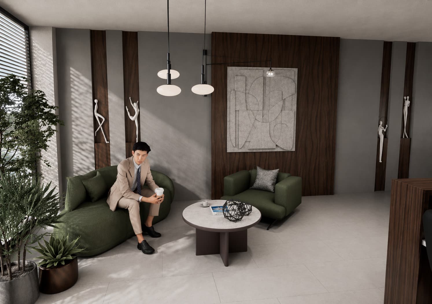 A modern, organically shaped sofa with rounded edges and a low profile. It is upholstered in a textured green fabric and features a single integrated armrest/backrest that curves around to form a partial enclosure. A single loose cushion is placed on the sofa. A man in a suit is seated on the right side of the sofa, holding a paper cup. — 3D model