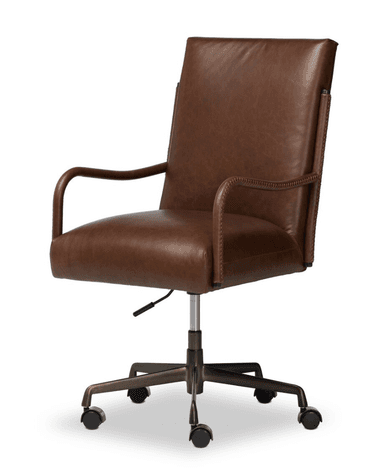 A contemporary brown leather swivel desk chair featuring a high back and cushioned seat, supported by a five-star metal base with casters. The chair includes fixed, curved metal armrests with decorative stitching details on the upholstered portions. — 3D model