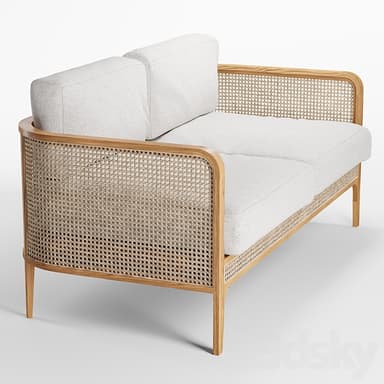 A contemporary two-seater loveseat featuring a light oak wood frame with woven cane panels on the sides and back, complemented by light-colored upholstered cushions. — 3D model