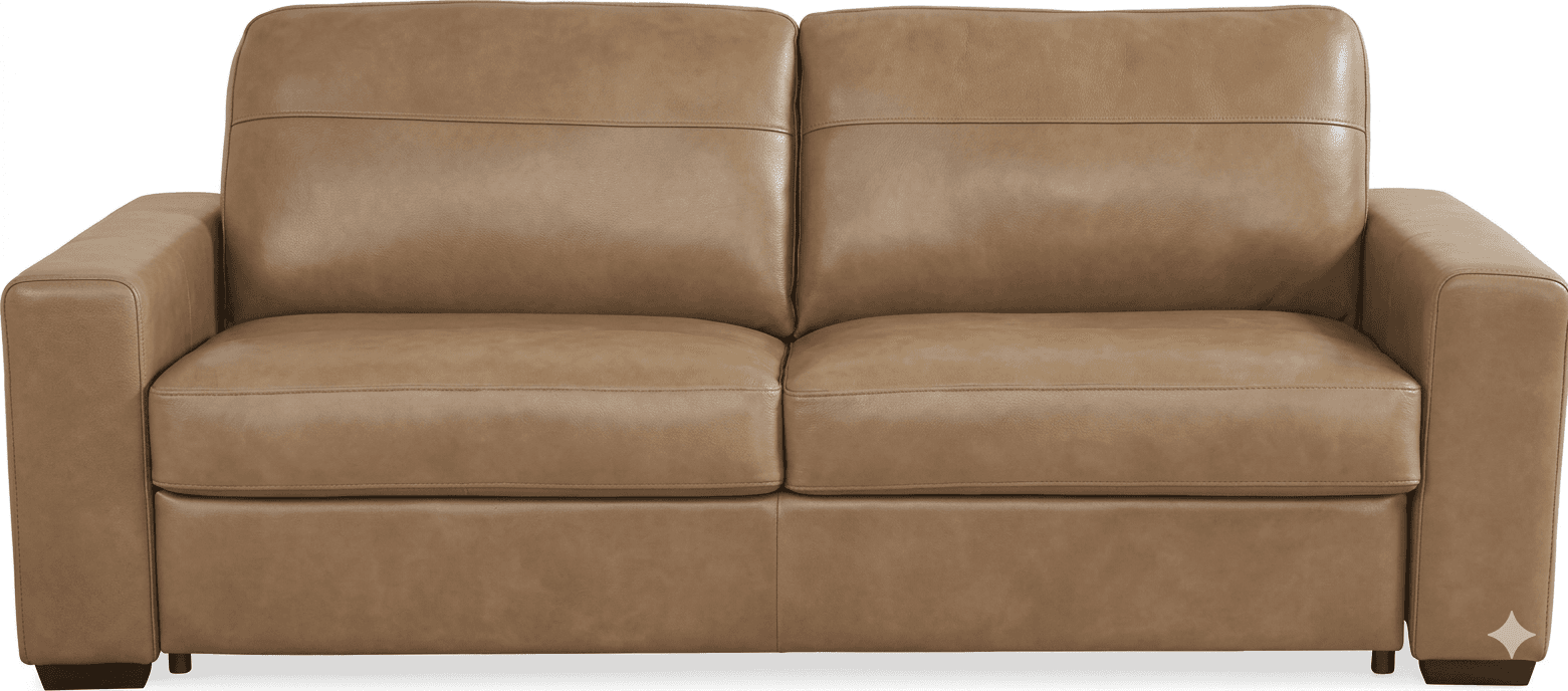 A contemporary two-seater sofa upholstered in smooth, tan-colored leather. The sofa features defined seat and back cushions with visible stitching. The arms are squared and well-padded, and the piece is supported by short, dark-colored legs. — 3D model