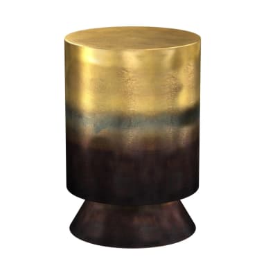 A contemporary cylindrical accent table featuring a striking ombre metallic finish, transitioning seamlessly from a bright golden hue at the top to a deep, dark bronze at the base. The main body is a perfect cylinder, resting upon a distinct, slightly flared conical pedestal base, maintaining a cohesive metallic aesthetic throughout. — 3D model