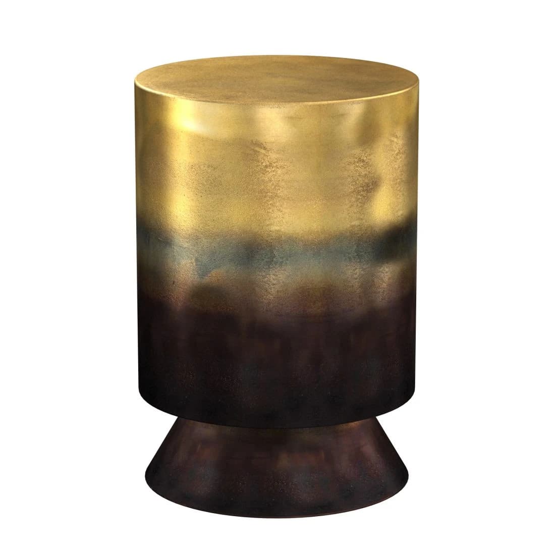 A contemporary cylindrical accent table featuring a striking ombre metallic finish, transitioning seamlessly from a bright golden hue at the top to a deep, dark bronze at the base. The main body is a perfect cylinder, resting upon a distinct, slightly flared conical pedestal base, maintaining a cohesive metallic aesthetic throughout. — 3D model