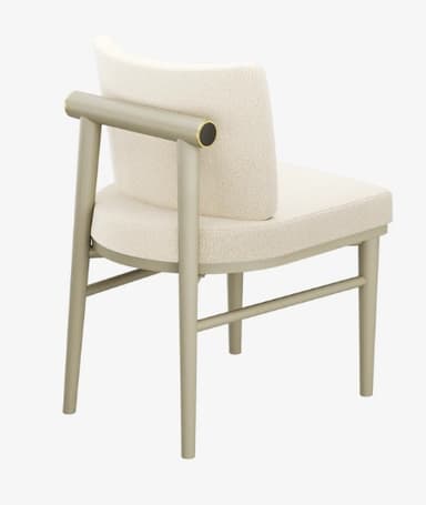 An armless dining chair featuring a fully upholstered seat and backrest in a textured, light cream boucle fabric. The frame is constructed from wood with a light sage green or greige finish, featuring gently tapered legs and stretchers for stability. A distinct cylindrical brass-toned metal accent is integrated into the upper part of one of the rear leg supports. — 3D model
