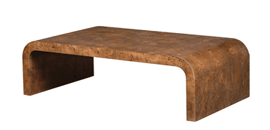 A wooden coffee table with a distinctive burl wood veneer. The table has a rectangular top and a curved, waterfall-style base. The burl wood pattern features prominent knots and grain variations, creating a rich, organic texture. The surface appears to be composed of individual panels. — 3D model