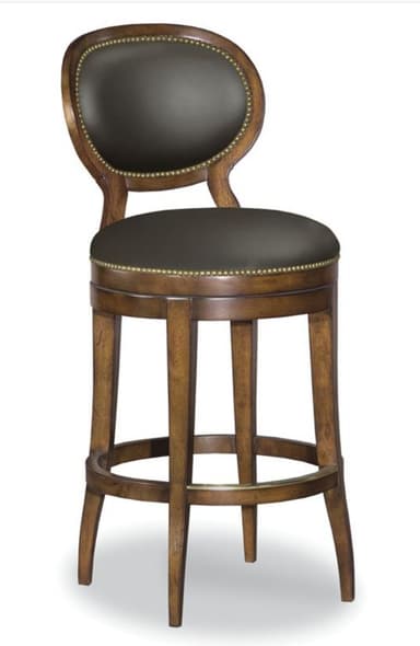 A traditional style bar stool featuring a solid wood frame with a dark brown finish. It has an oval-shaped upholstered backrest and a circular upholstered seat, both adorned with decorative brass nailhead trim. The stool is equipped with a swivel mechanism for the seat and includes a circular footrest bar near the base, also featuring a metal accent. — 3D model