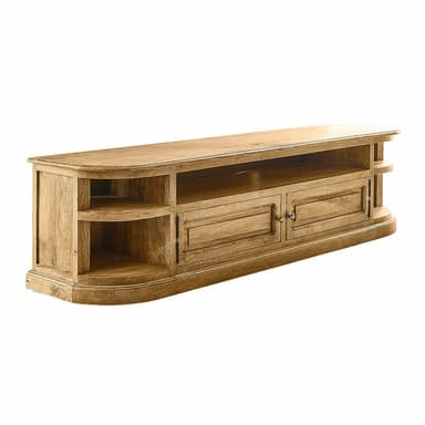 A long, low-profile wooden TV stand with a curved front. It features a wide, open shelf across the top, with several compartments below. The central section has two drawers with recessed paneling and circular handles. The sides have open shelving units with curved edges, each with multiple tiers. — 3D model