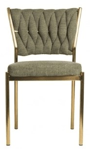 A side chair with a metal frame and upholstered seat and back. The backrest features a tufted, diamond-patterned design. The legs and frame are slender and appear to be made of polished metal. — 3D model
