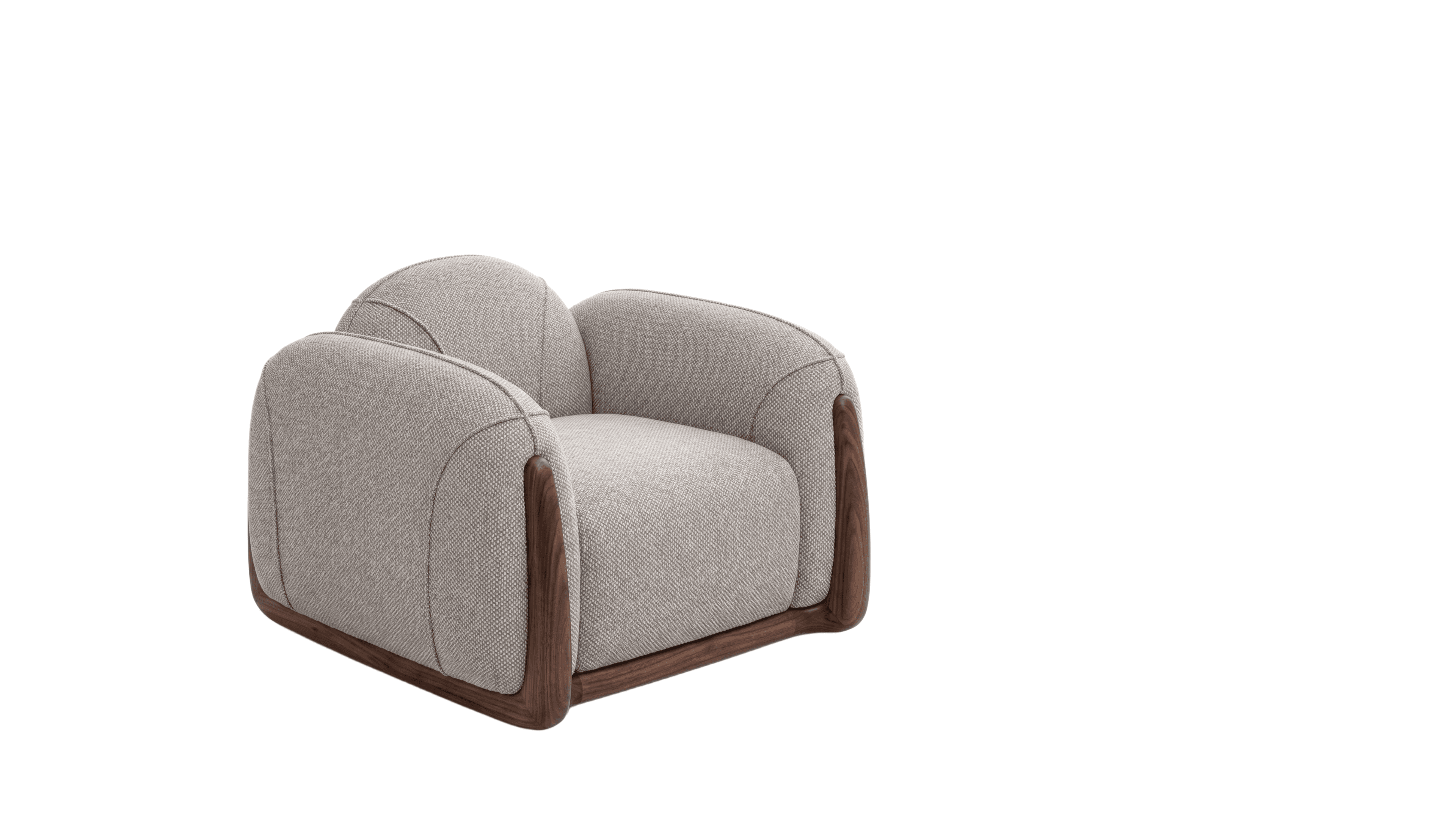 An upholstered armchair featuring a light grey woven fabric and a distinctive dark wood base and arm accents. The chair has a compact, rounded silhouette with a plush backrest and seat. The wooden elements, visible at the base and curving upwards along the sides of the armrests, provide a contrasting texture and form to the soft upholstery. The overall design is contemporary with an emphasis on smooth lines and comfort. — 3D model