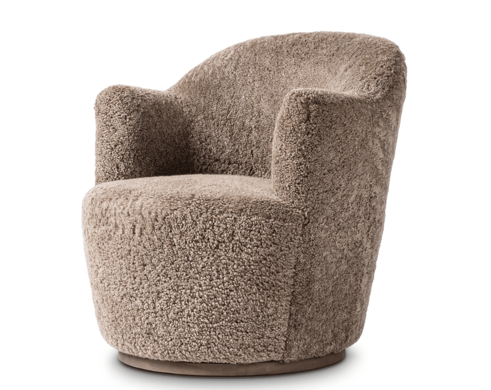 A barrel-shaped chair, fully upholstered in a textured, boucle-like fabric, with a round, low-profile base. — 3D model