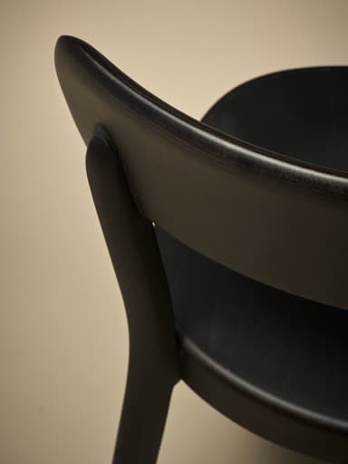 A dark-colored wooden dining chair viewed from the back. The chair features a gently curved backrest supported by two upright posts that extend from the seat. The seat itself is also curved and appears to be solid. The legs are slightly tapered and angled outwards. The overall construction suggests a modern or contemporary design with clean lines and a minimalist aesthetic. — 3D model