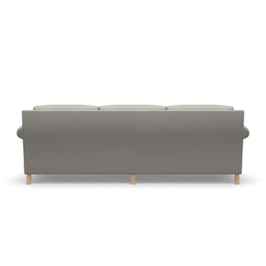 A three-seater sofa with a light gray upholstered body. It features plush seat cushions and back cushions, with a decorative rolled armrest on the left side. Two square throw pillows in a matching light gray fabric are placed on the sofa. The sofa is supported by four short, tapered wooden legs. — 3D model