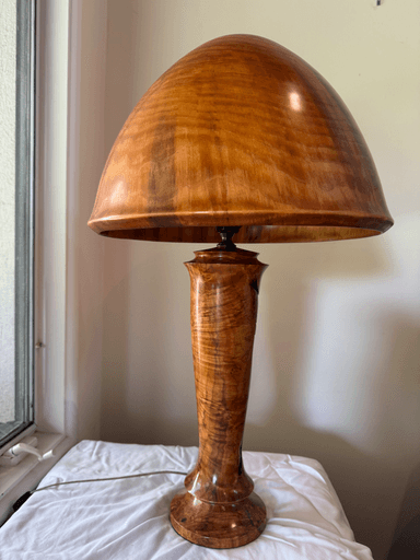 A distinctive mushroom-shaped table lamp crafted from highly figured wood, featuring a smooth, domed cap and a tapering cylindrical stem with a flared base. The stem includes irregular, darker, possibly epoxy-filled voids or inlays, adding a unique organic detail to the design. — 3D model