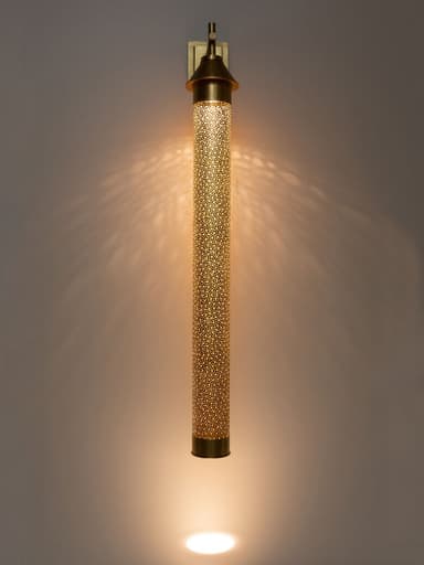 A decorative wall sconce featuring a cylindrical shade with a perforated pattern, mounted on a square backplate with a decorative cap. — 3D model