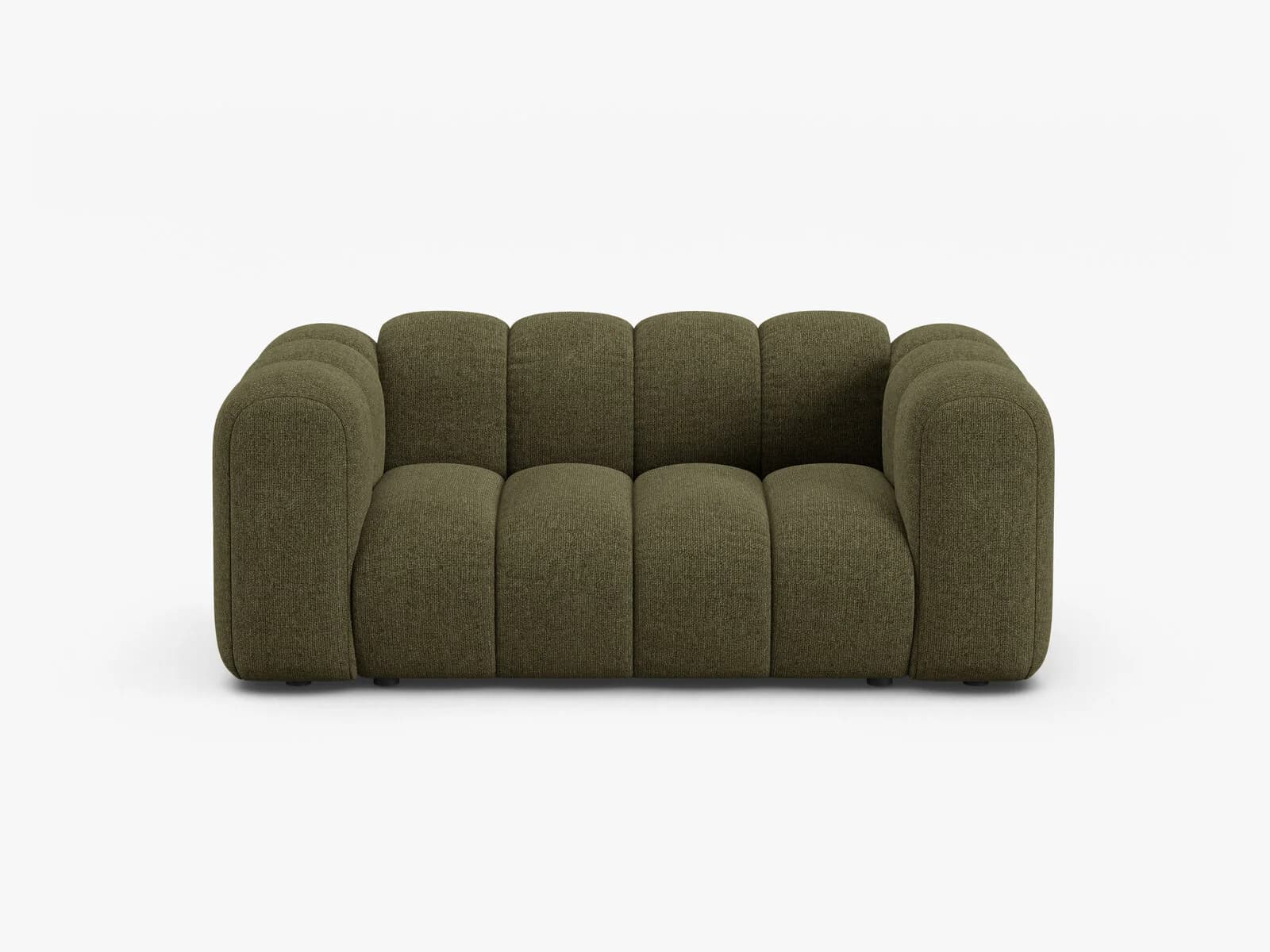 A contemporary two-seater loveseat featuring distinctive channeled upholstery in a textured olive green fabric. The sofa has a low-profile design with rounded arms and a high back, creating a sculptural and inviting form. It sits on small, discreet dark feet. — 3D model