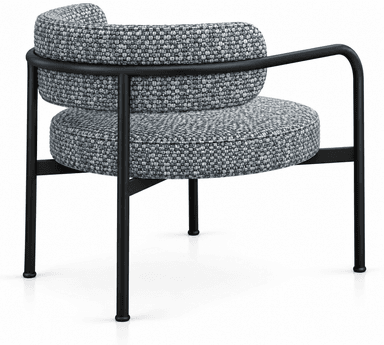 An armless accent chair featuring a minimalist black metal frame and two distinct, rounded cushions upholstered in a textured grey and blue fabric. The seat and back cushions are separate, providing a clean, modern aesthetic. The legs are slender, cylindrical, and equipped with black glides. — 3D model