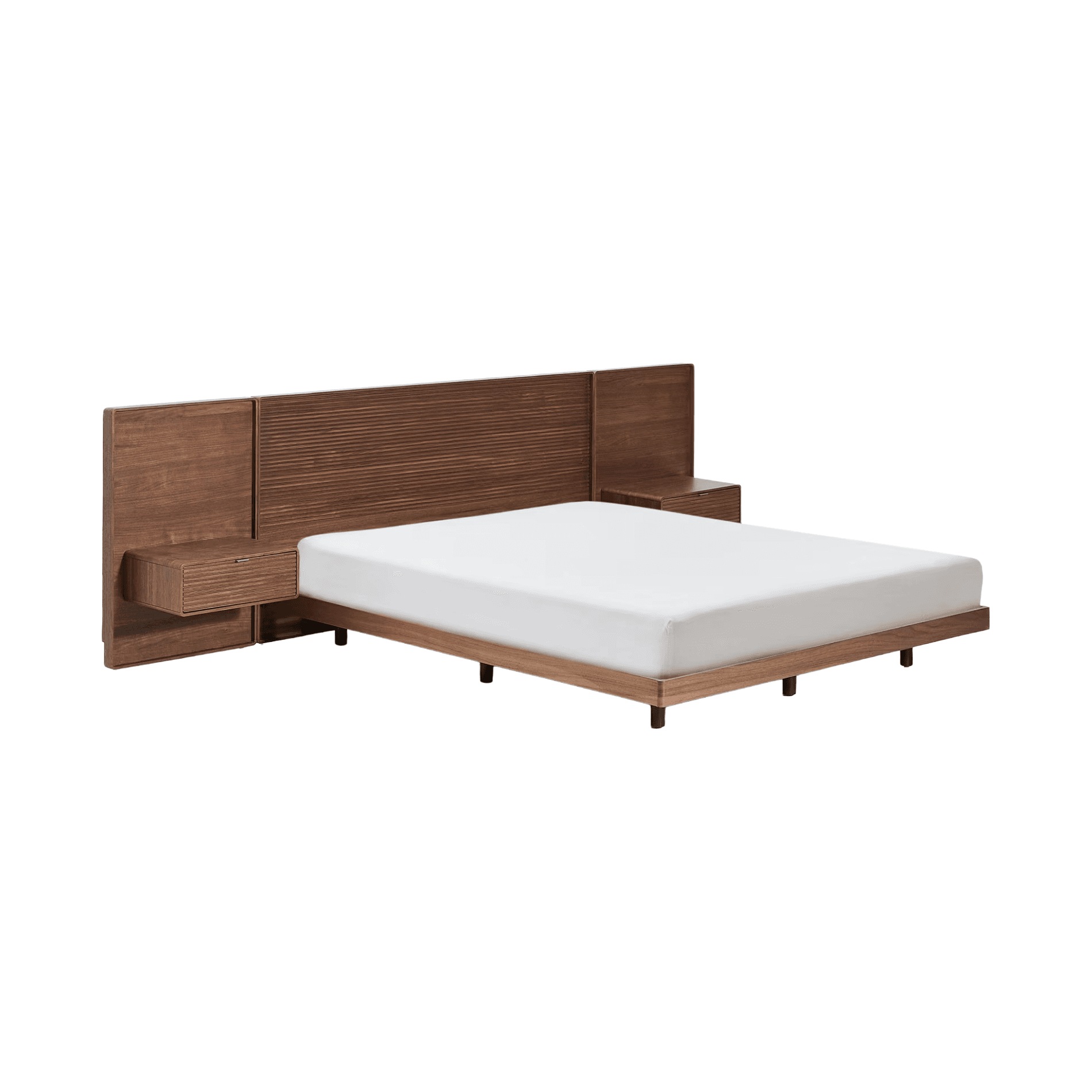 A wooden platform bed frame with an integrated headboard and two floating nightstands. The headboard features a horizontal slatted design in the center panel and smooth wood panels on the sides. The nightstands are box-like structures with a single drawer each, also featuring a slatted front. The bed frame itself is a low-profile platform with four dark, cylindrical legs. — 3D model