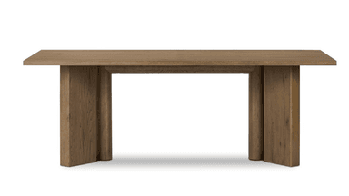A long, rectangular dining table made of light brown wood, featuring a thick tabletop and two sturdy, rectangular block-like bases. — 3D model