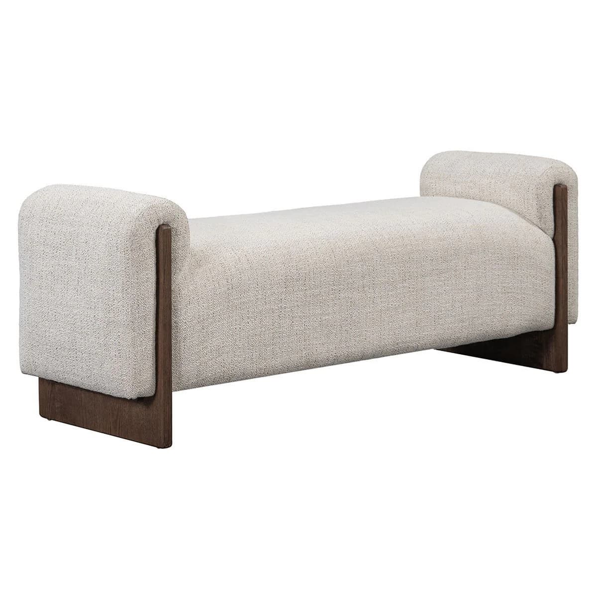 A modern upholstered bench with a textured, light-colored fabric and dark wood accents. The bench features a low profile, rounded armrests on both ends that extend slightly upwards, and a rectangular seat. The base consists of two dark wood legs, one at each end, with a unique angular design that provides support and visual interest. The overall aesthetic is minimalist and sophisticated. — 3D model