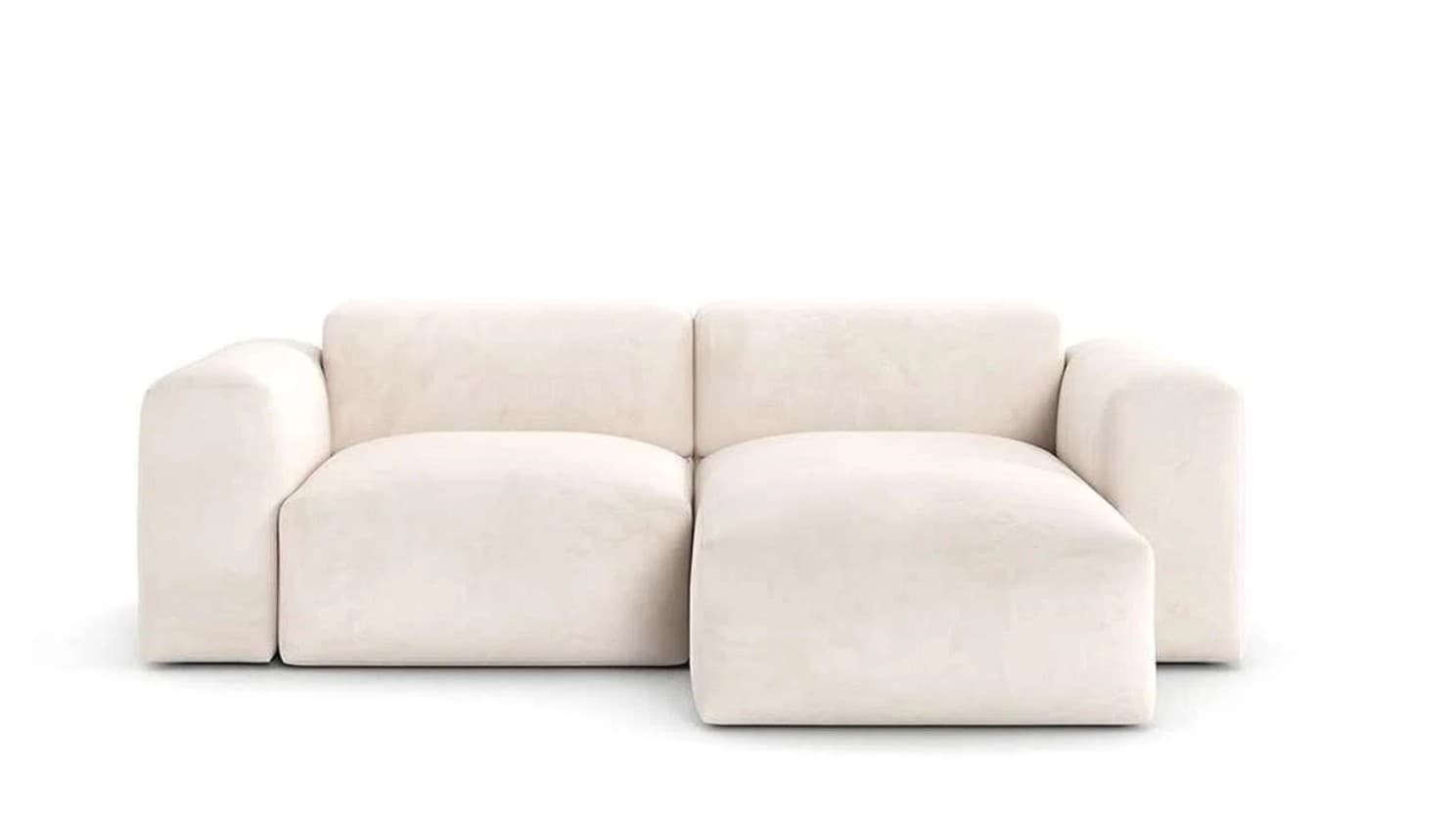 A minimalist modern modular sectional sofa featuring a chaise lounge, upholstered in a light-colored fabric. The design emphasizes clean lines, wide integrated arms, and a low-profile silhouette for a contemporary aesthetic. — 3D model