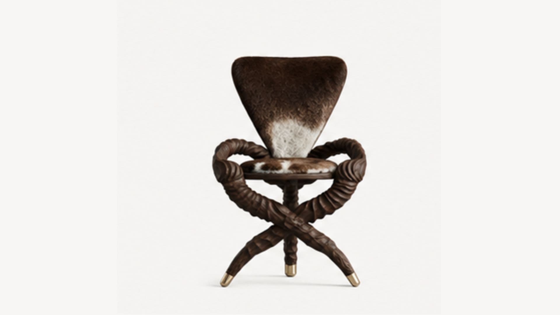 A unique and sculptural accent chair featuring an X-shaped base and armrests crafted from what appears to be dark, twisted wood or resin, giving a rope-like texture. The seat and backrest are upholstered in genuine cowhide, displaying a natural pattern of dark brown and white. The four legs of the base are each tipped with polished brass caps, adding a touch of elegance to its rustic yet modern design. — 3D model