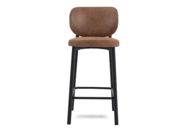 An industrial-style bar stool featuring a distressed brown faux leather upholstered seat and backrest, supported by a matte black metal frame with an integrated footrest. — 3D model